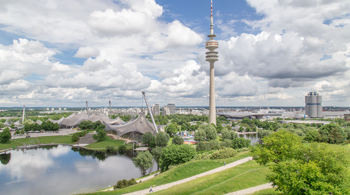 Olympiapark in Munich, with the stadium, tower and BMW building